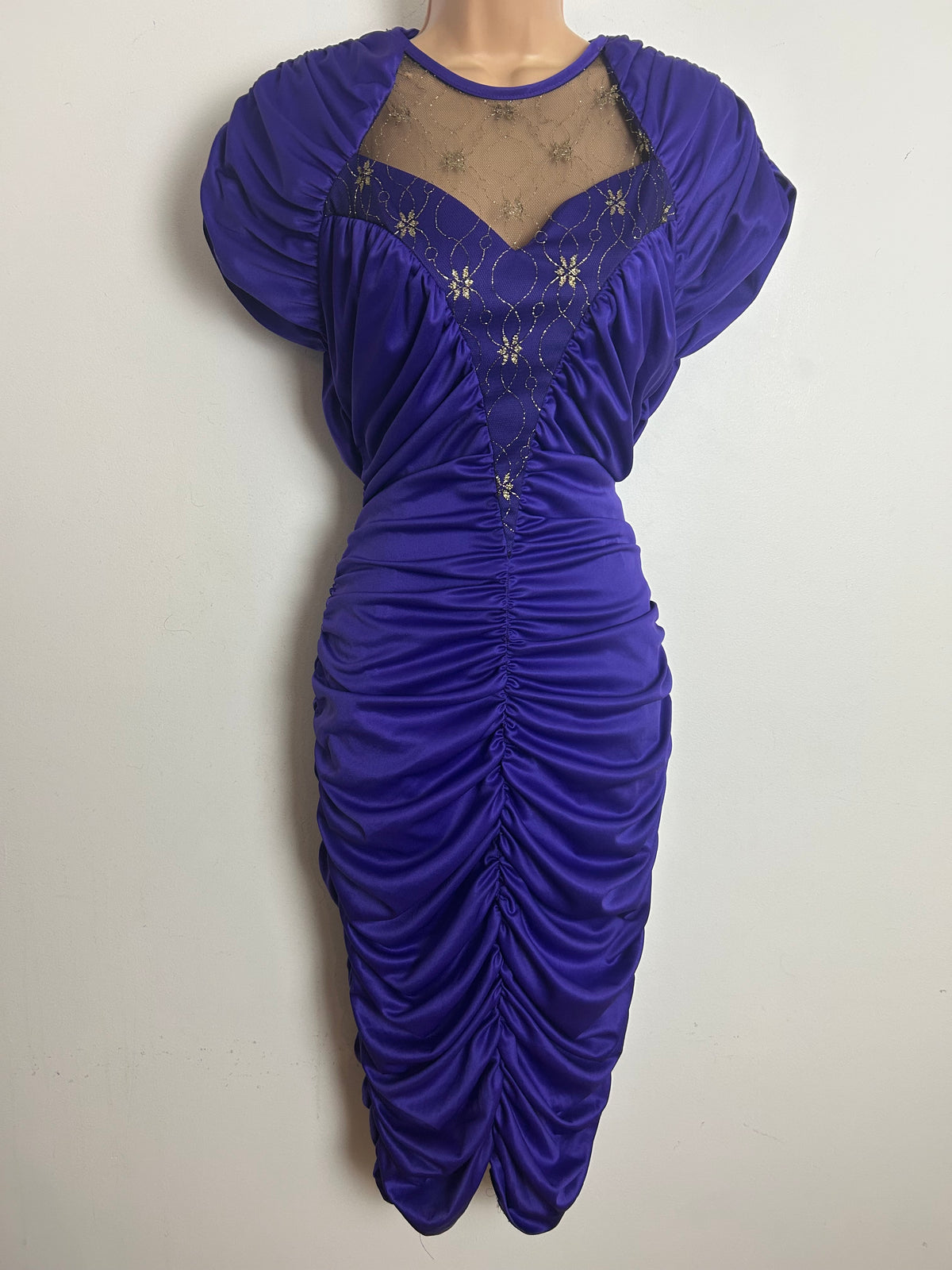 Vintage 1980s Size 10-12 Purple Ruched Draped Mesh Panel Open Back Fitted Wiggle Xmas Party Dress