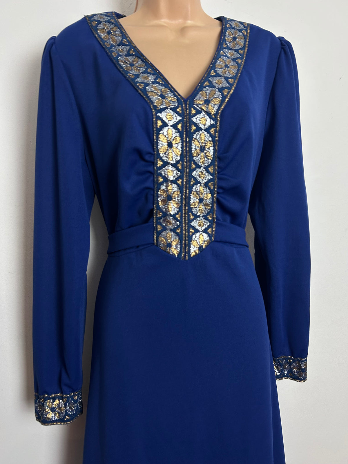 Vintage 1970s Size 16 Navy Blue Silver & Gold Braid Trim Long Sleeve Tie Back Evening Maxi Dress