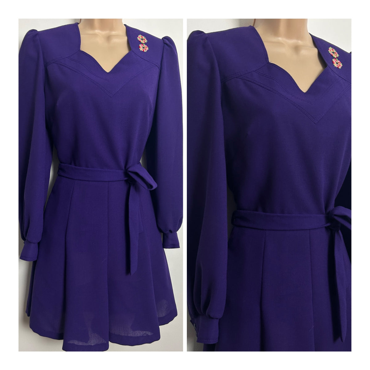 Vintage Late 1960s Size 6-8 Purple Wool Mix Long Sleeve Belted Mod Dress