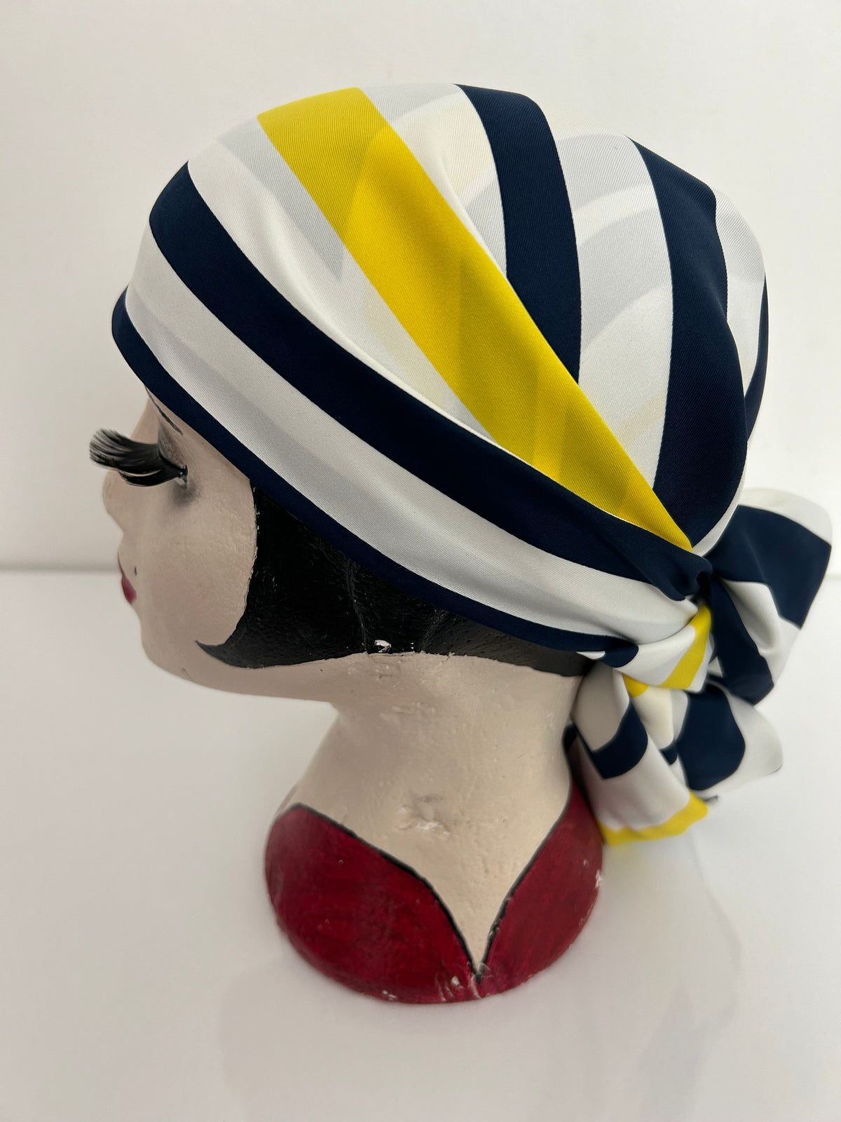 Vintage ROMANO White Navy Blue & Yellow Stripe Print Polyester Scarf 88cm x 92cm