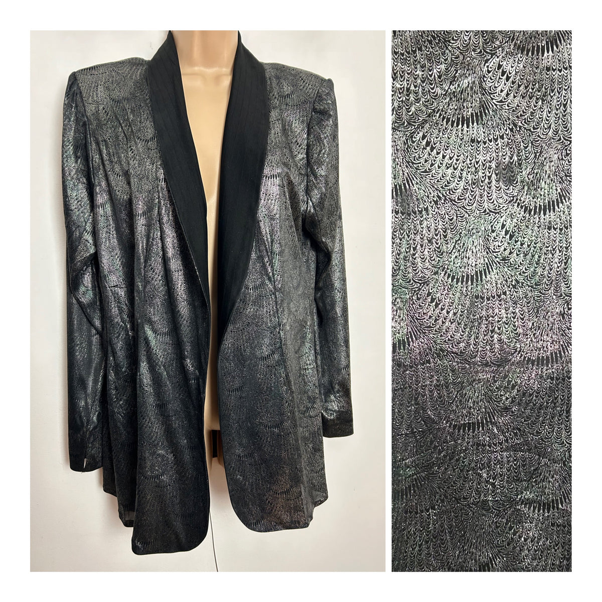 Vintage 1980s Up To Size 16 Black & Dark Silver Lurex Blazer Style Open Fronted Jacket/Cover Up