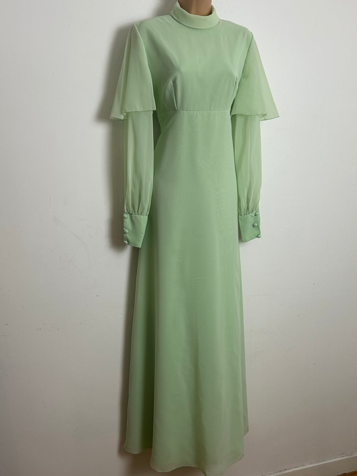Vintage 1970s PETER ELLIS Size 10 Pale Apple Green Chiffon Double Layer Long Sleeve Occasion Maxi Dress