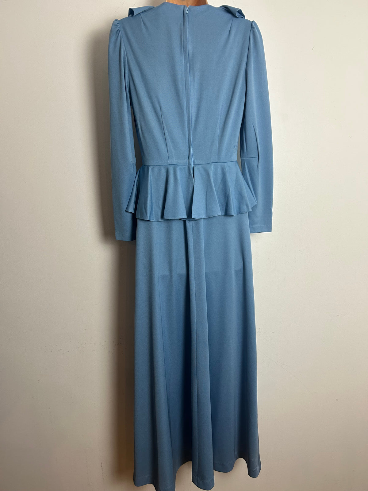 Vintage 1970s DEVONSHIRE LADY Size 8 Powder Blue Long Sleeve Peplum Maxi Dress