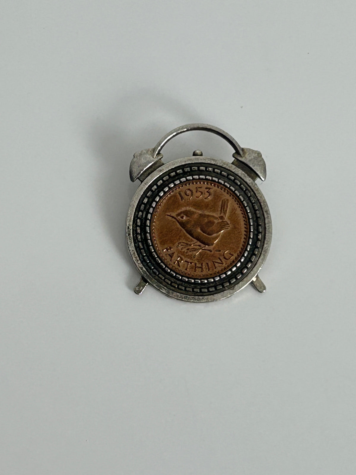 Vintage 1950s RARE Silver Tone 1953 Farthing Coin Set Clock Pin Brooch