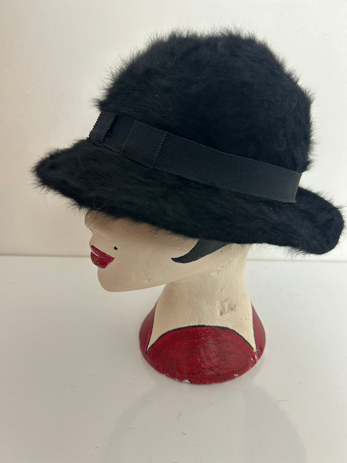Vintage Black Angora Mix Bucket Style Hat With Grosgrain Trim