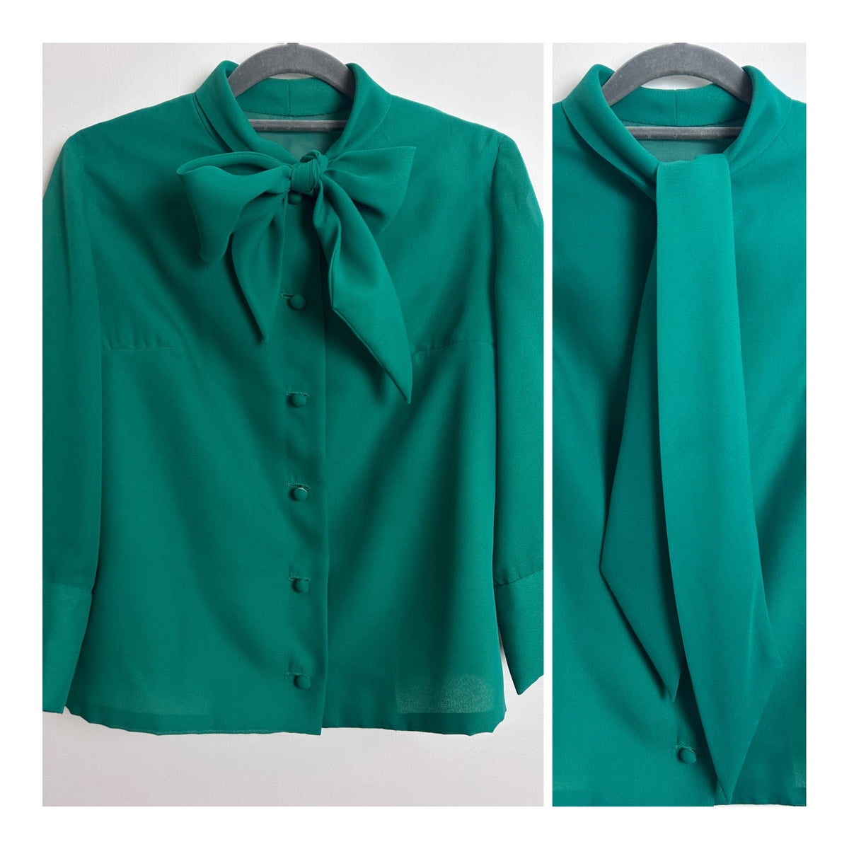 Vintage Late 1960s UK Size 12 Grass Green Pussy Bow Mid Length Sleeve Blouse