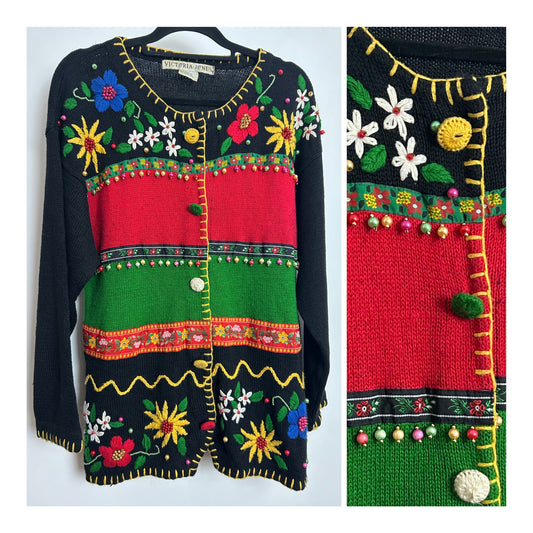 Vintage 80s 90s VICTORIA JONES Gorgeous Size L (14-16) Cotton Mix Embroidered Beaded Cardigan