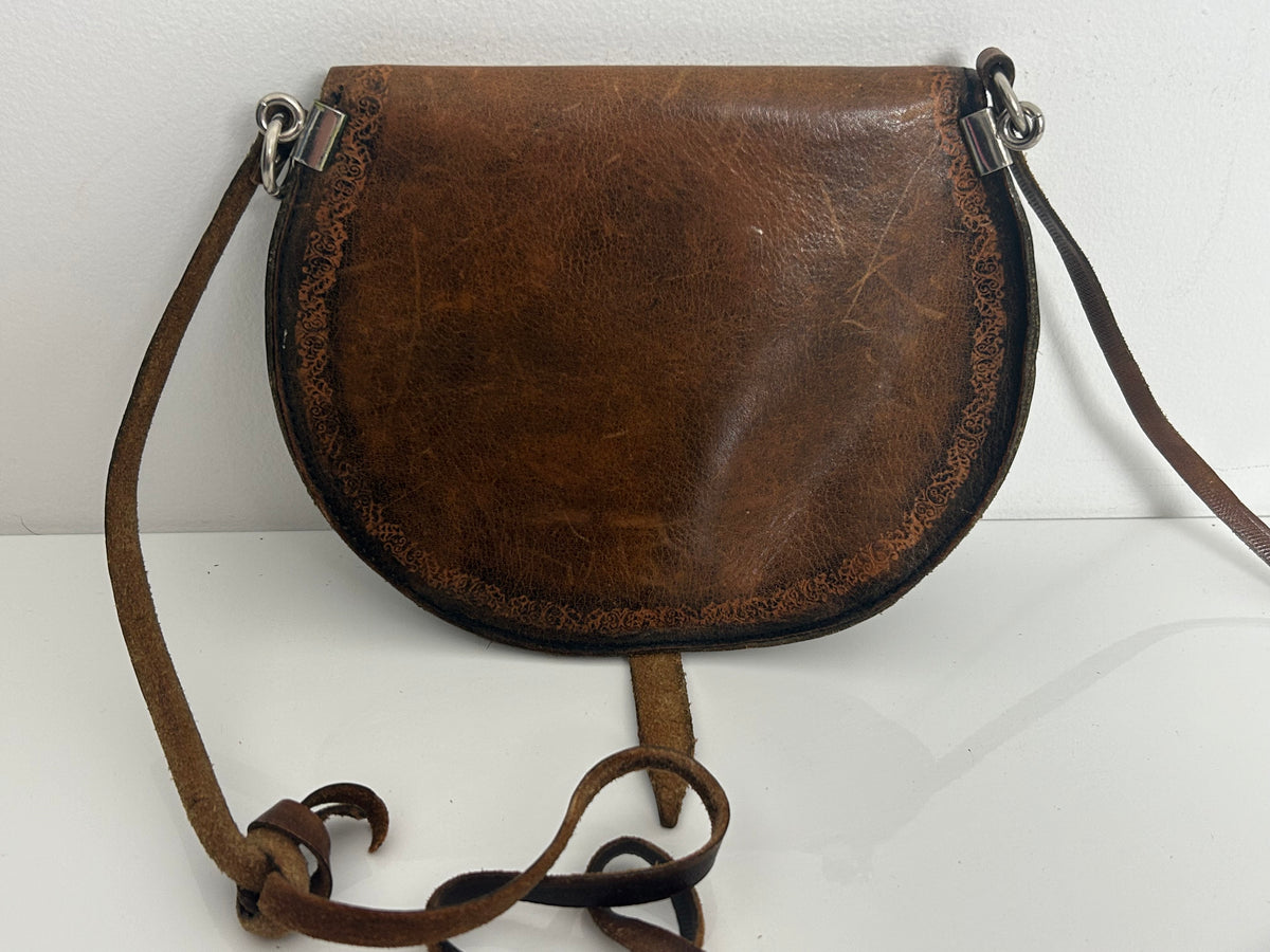 Vintage 1980s Small Handmade Distressed Western Style Crossbody Leather Saddle Bag