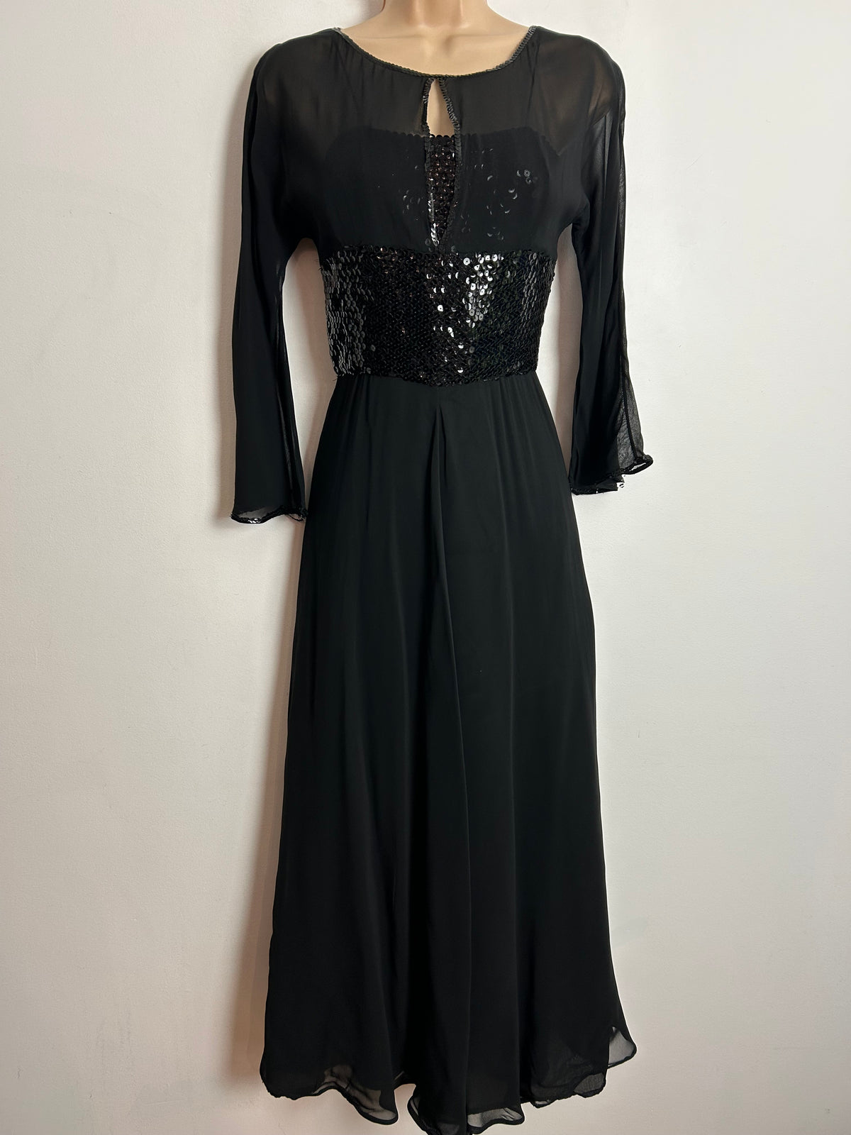 Vintage 1970s UK Size 6 Black Sequin Embellished Illusion Neck Evening Dress