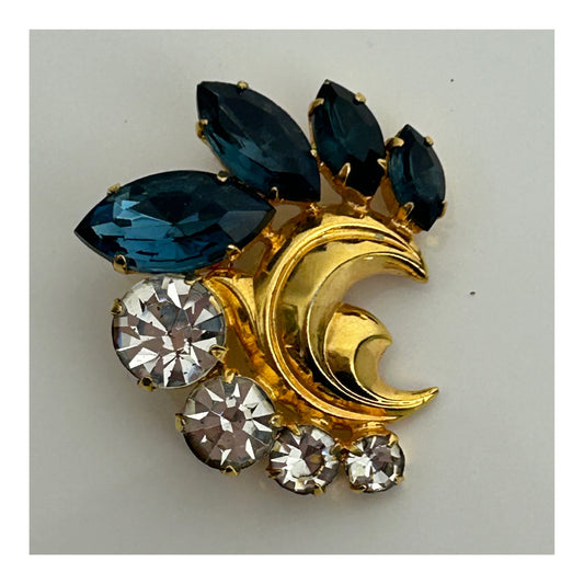 Vintage Late 1960s Gold Tone Blue & Clear Stone Set Stylised Pin Brooch