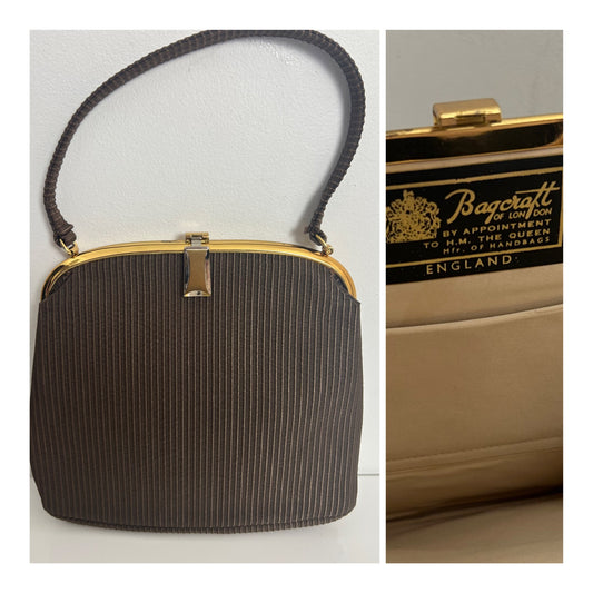 Vintage 1950s BAGCRAFT OF LONDON Chocolate Brown Cord Gold Frame Handbag