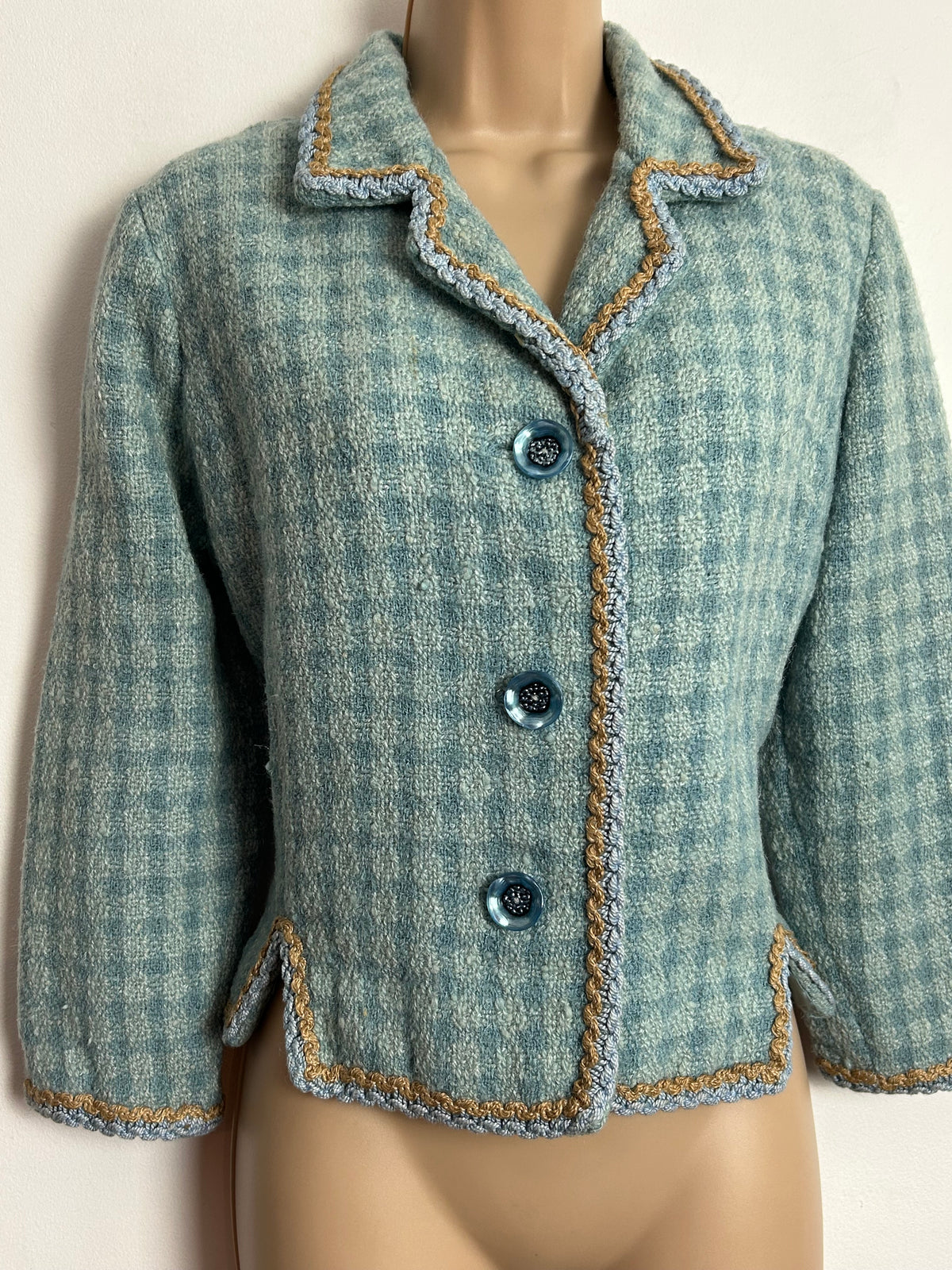 Vintage 1960s UK Size 12-14 Blue Tones Check Wool Mix Braid Trim Fully Lined Boucle Jacket