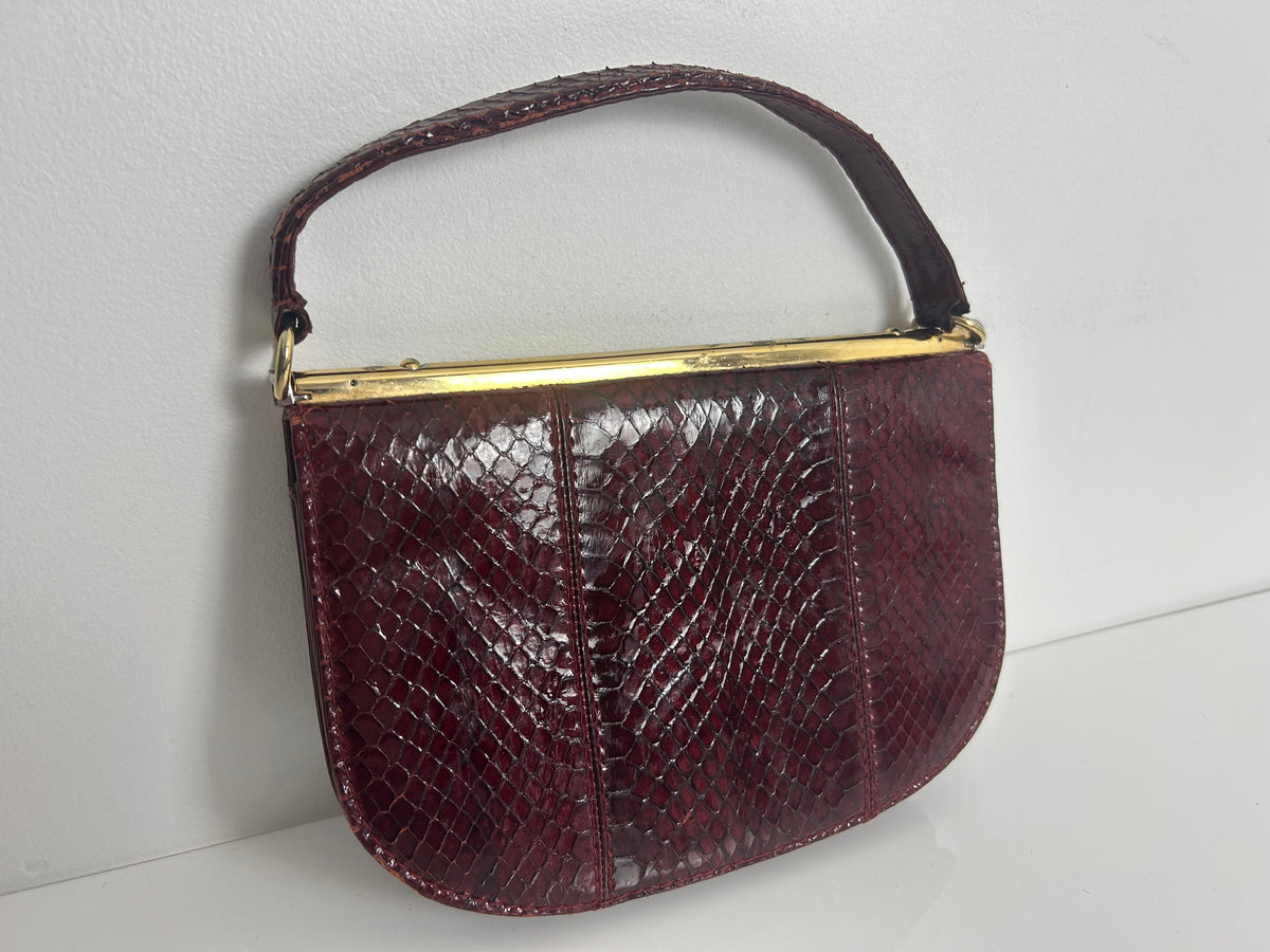 Vintage 1970s MAGLI Made In Italy Red Oxblood Snake Skin Unusual Shaped Handbag