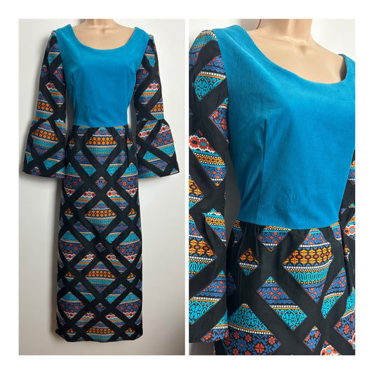 Vintage 1970s Size 10-12 Turquoise Black & Orange Corduroy & Jacquard Floral Flared Cuff Maxi Dress