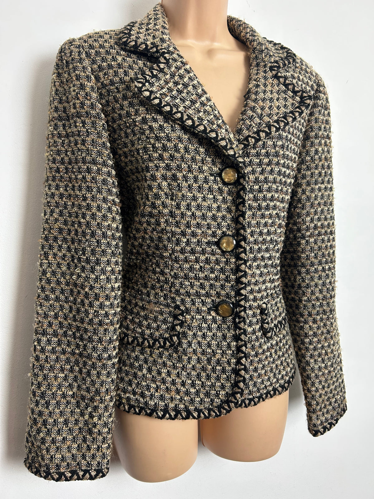 Vintage 1990s TALBOTS Size 10 Black & Beige Boucle Wool & Mohair Mix Blazer Style Jacket