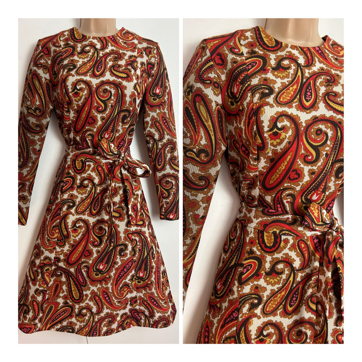 Vintage Late 1960s ST MICHAEL UK Size 10 Brown Red & Mustard Yellow Paisley Print Long Sleeve Belted Mod Dress