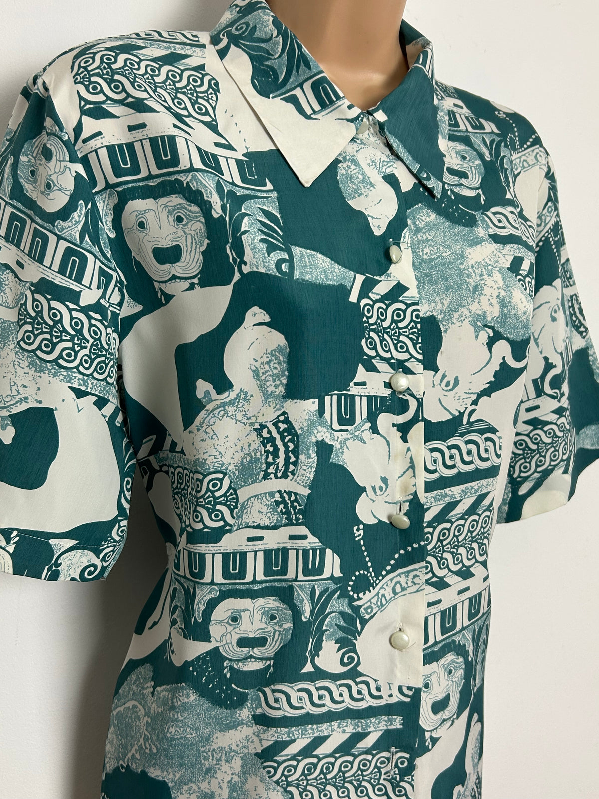 Vintage 1980s LEONELLA Size 14 Teal Green & White Abstract Print Long Sleeve Shirt
