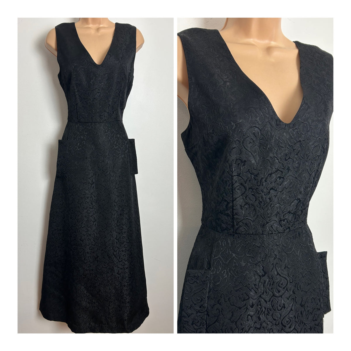 Vintage 1960s Size 8 Black Jacquard Sleeveless Maxi Dress With Mock Pocket Detail