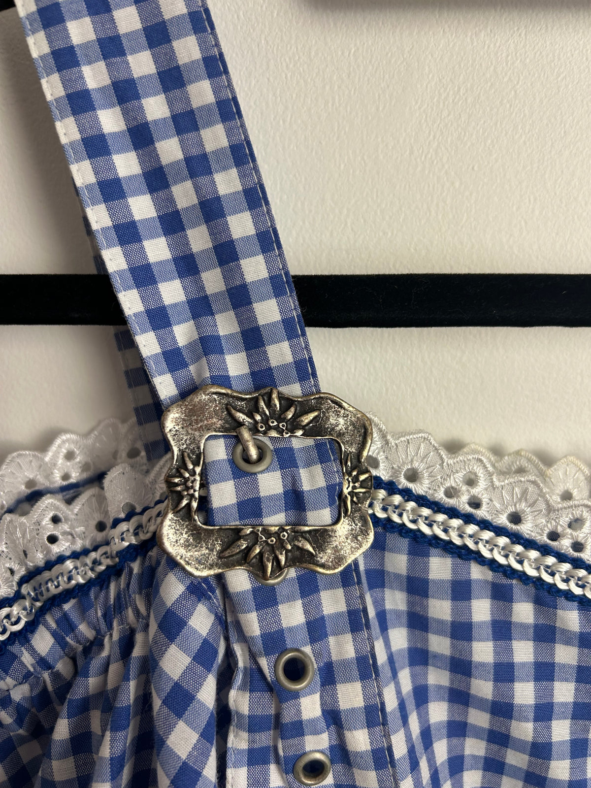 Vintage 1980s LANDHAUS @ C&A Size 14 Blue & White Gingham Check Cold Shoulder Cotton Mix Dirndl Folk Top
