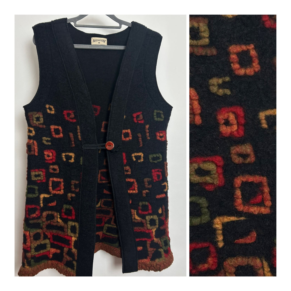 Vintage Size 12-14 Very Dark Grey Multi Square Pattern Wool Long Length Waistcoat
