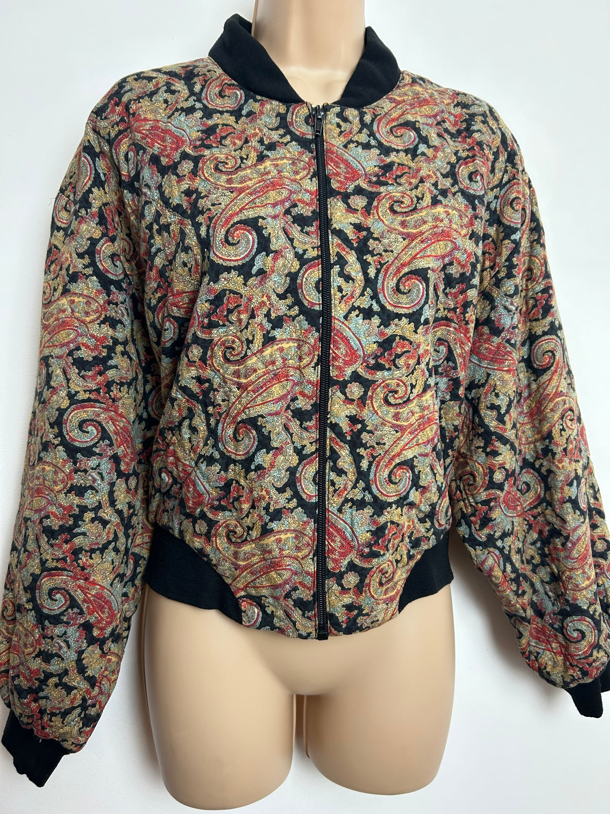 Vintage 1980s Size 12-14 Black Red & Pale Blue Paisley Print Oversized Bomber Jacket