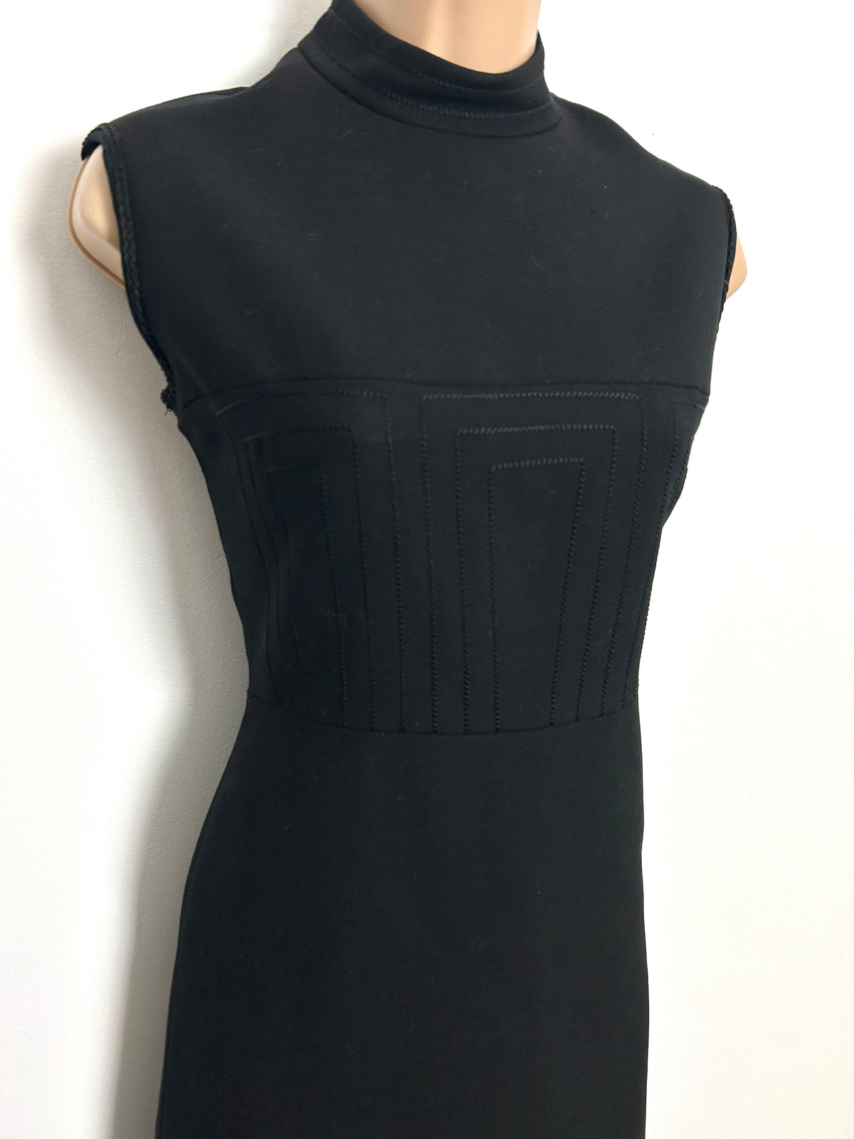 Vintage 1960s UK Size 8 Black Pure New Wool Stitch Detail Mod Dress