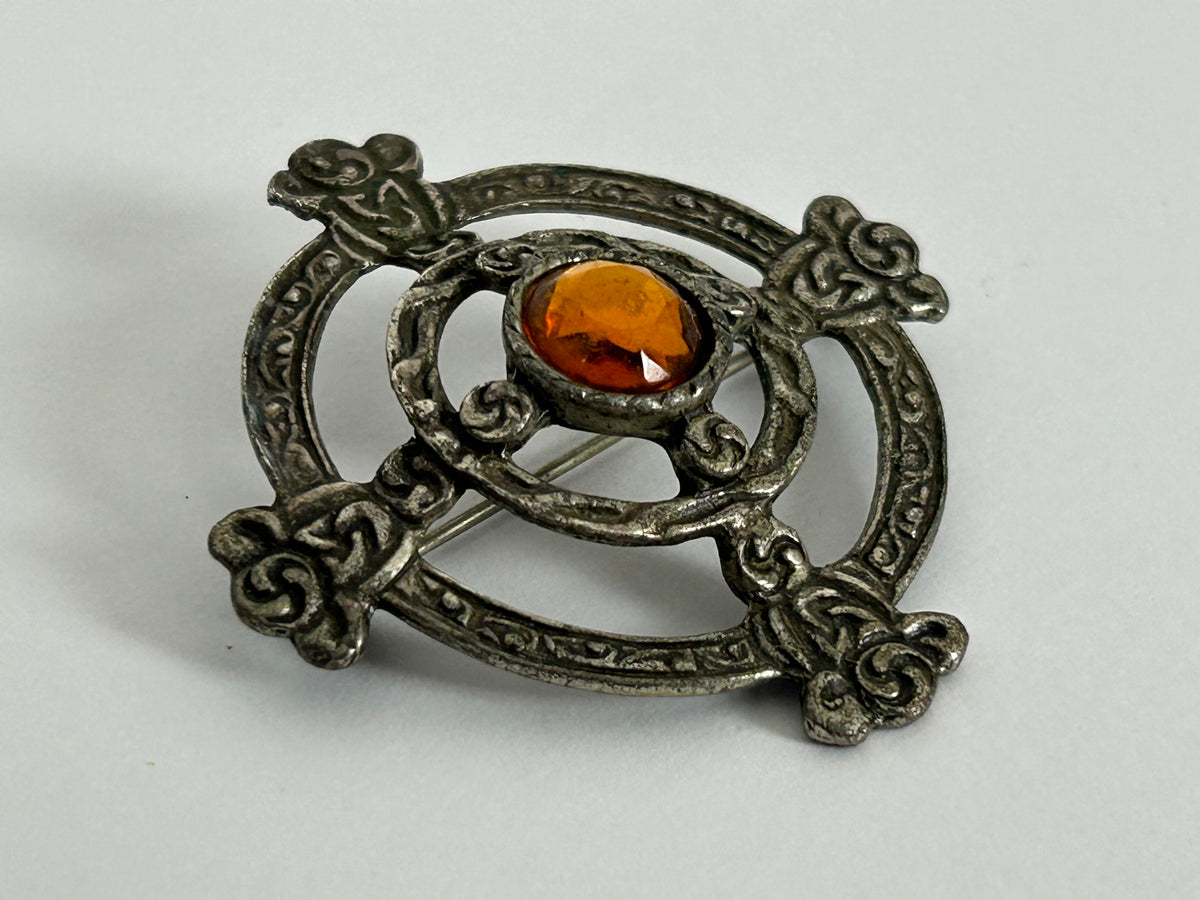 Vintage 1960s Silver Tone Scottish Celtic Shield Style Pin Brooch With Foil Backed Amber Glass Bead