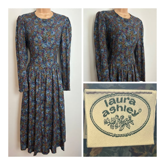 Vintage 1980s LAURA ASHLEY Size 12 Dark Blue & Maroon Floral Wool Mix Midi Dress
