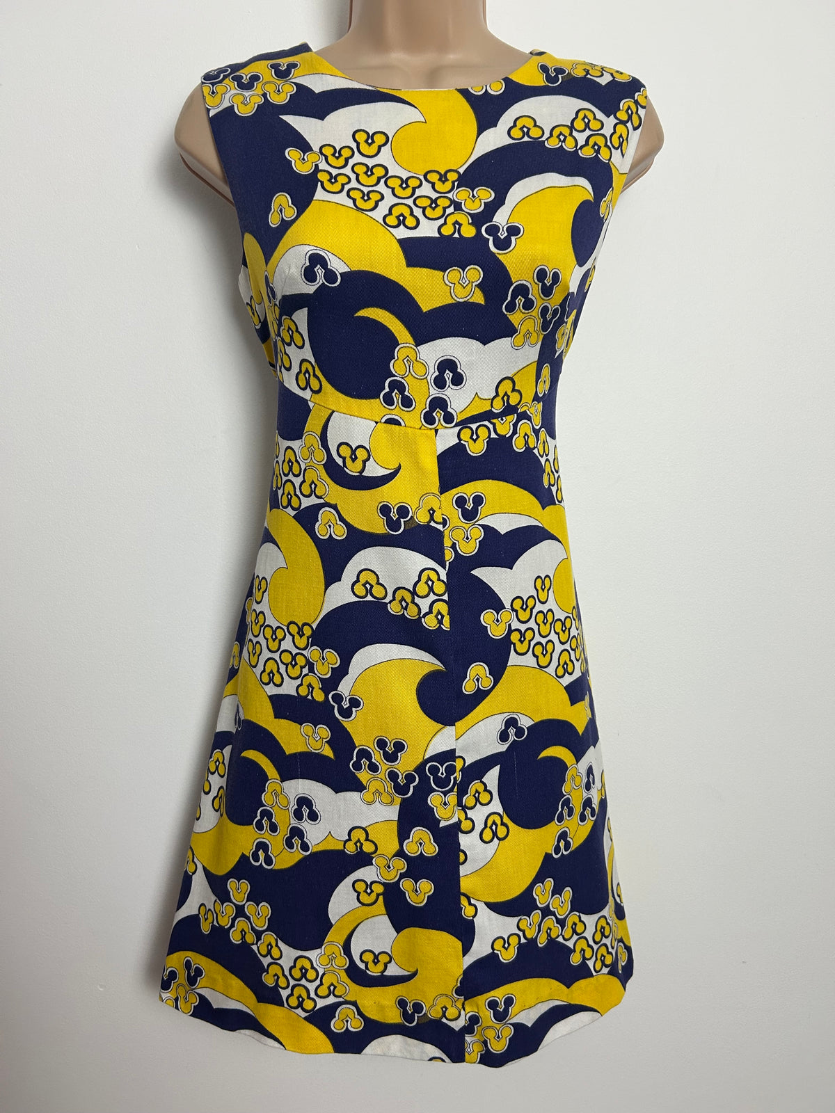 Vintage 1960s Size 8 Navy Blue Yellow & White Psychedelic Print Cotton Mini Mod Shift Dress
