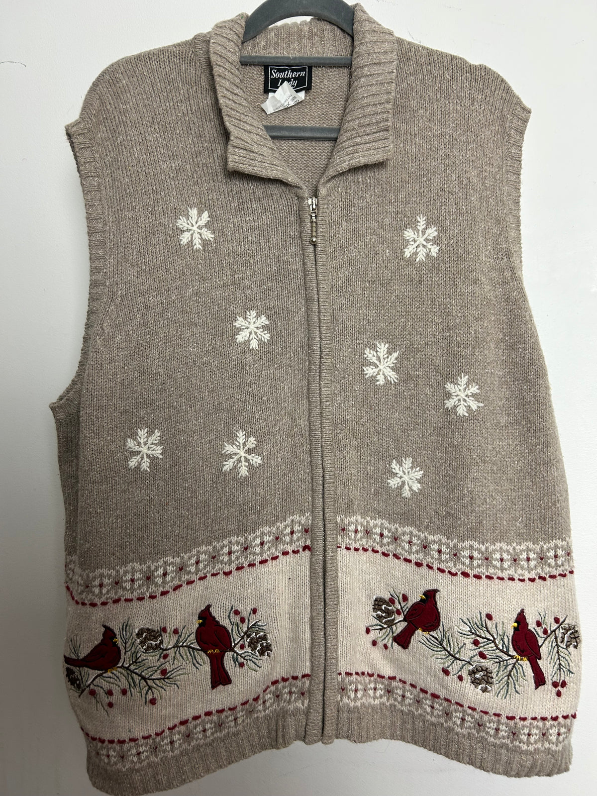 Vintage SOUTHERN LADY Size XL 16 Ramie Mix Beige Tones Bird Pattern Sleeveless Cardigan