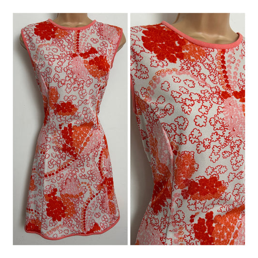 Vintage 1960s Size 10-12 White Orange & Coral Floral Print Crimplene Mod Shift Dress