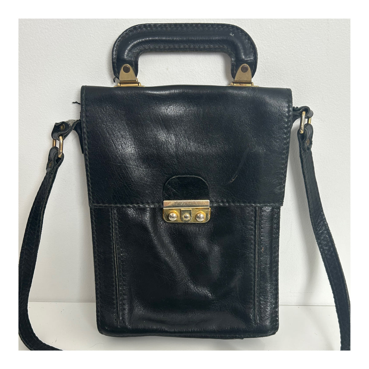 Vintage 1970s Black Leather Satchel Style Shoulder Bag