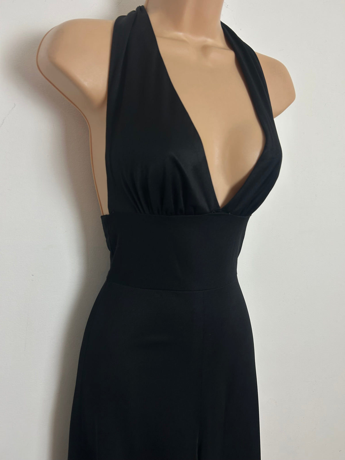 Vintage 1970s Size 4-6 Black Halter Neck Open Back Wide Leg Occasion Evening Jumpsuit
