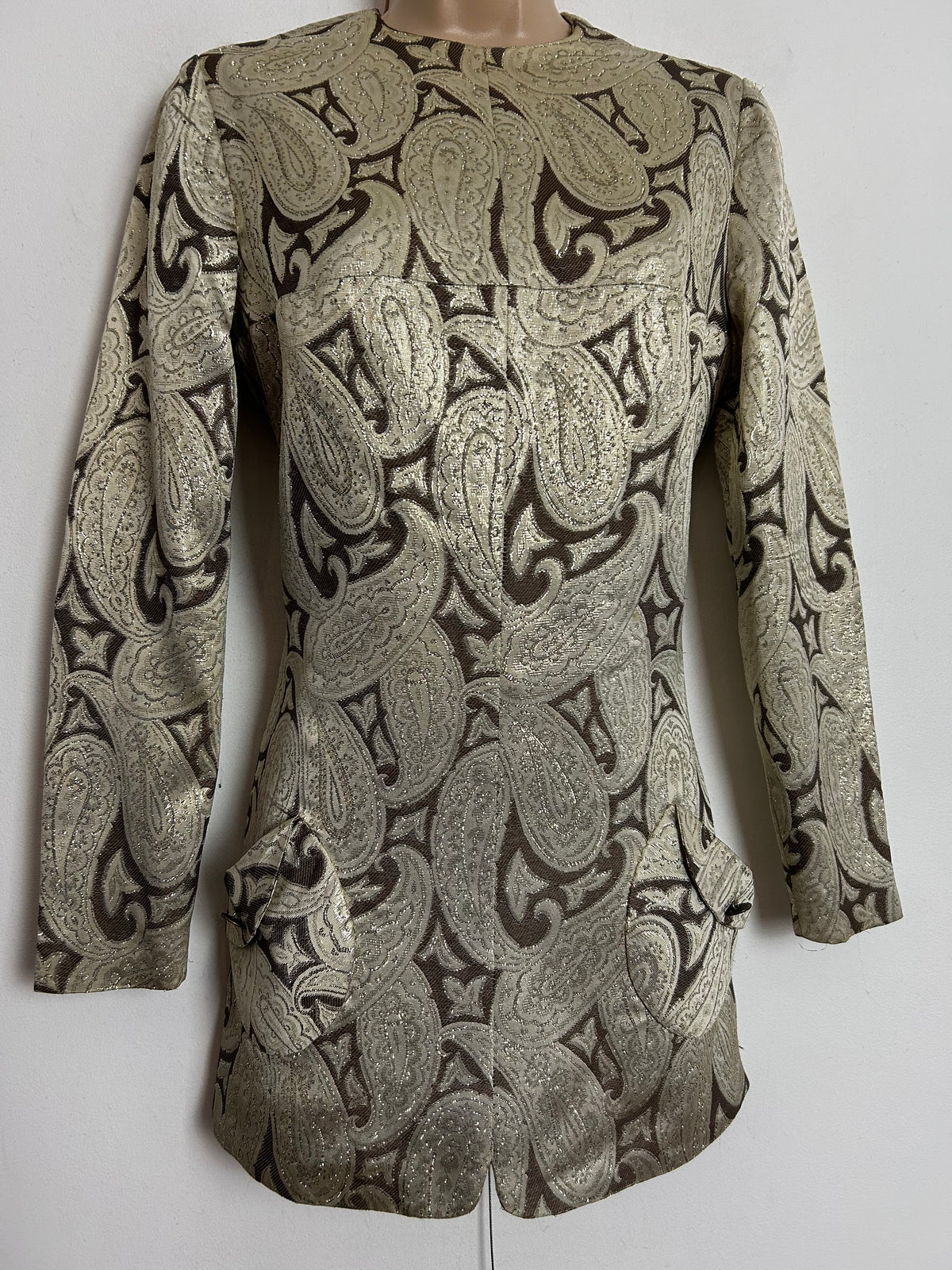 Vintage 1960s GLADYS PARIS UK Size 8 Metallic Gold & Brown Paisley Print Mini Mod Party Shift Dress or Tunic