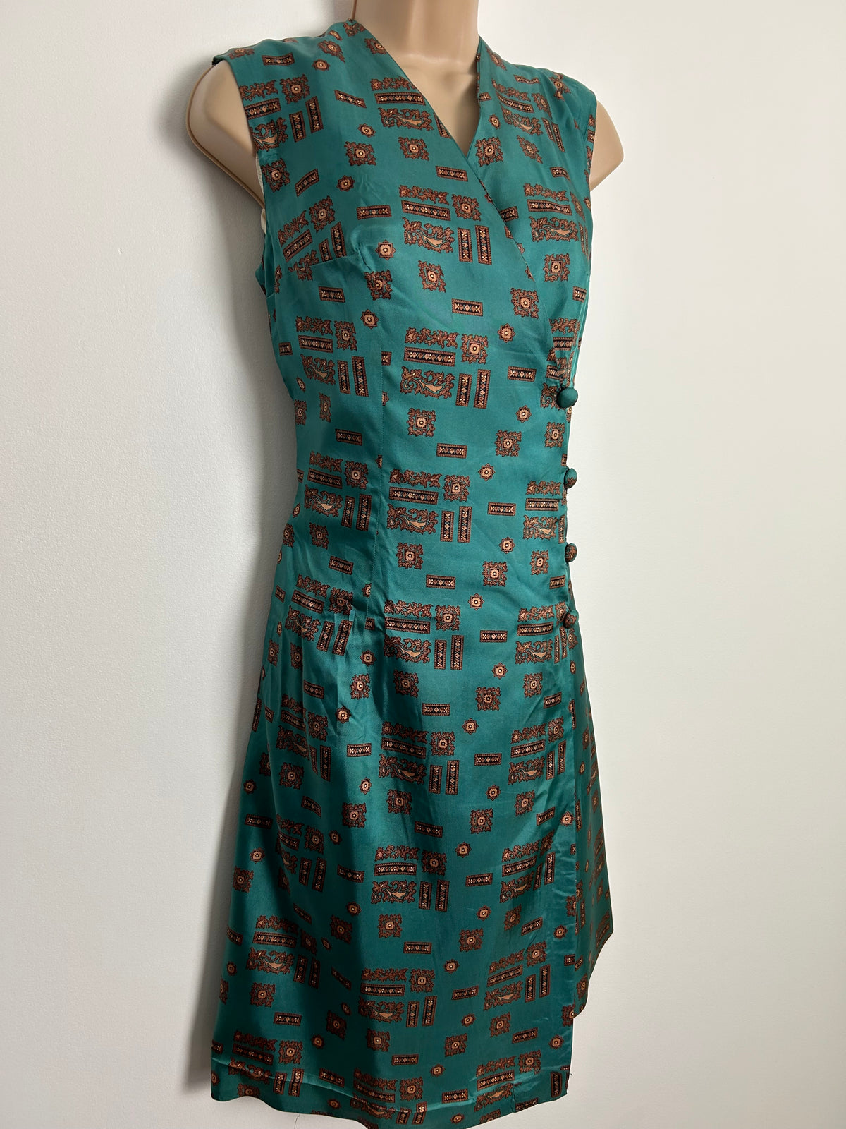 Vintage 1960s UK Size 10-12 Teal & Brown Abstract Print Silky Feel Full Wrap Dress