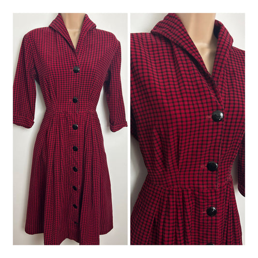 Vintage 1950s RAMAR FOR RICHARD SHOP Size 8 Red & Black Check Corduroy Pleated Dress