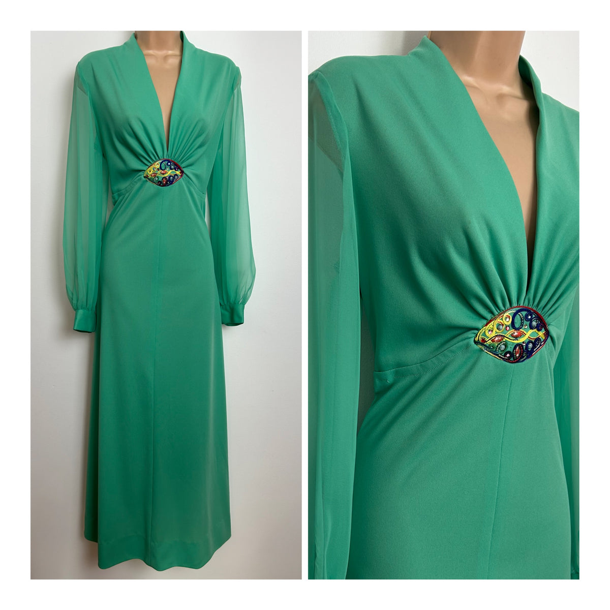 Vintage 1970s Size 12 Jade Green Long Chiffon Sleeves Occasion Maxi Dress