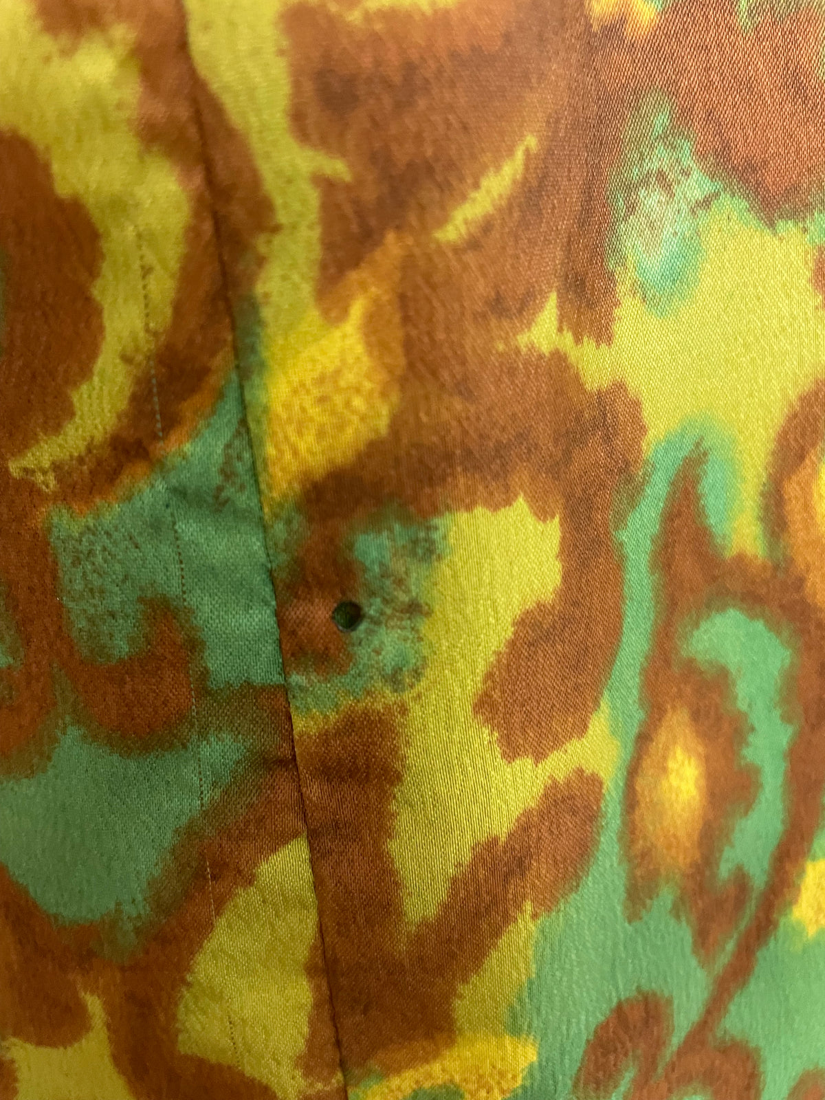 Vintage Late 1960s UK Size 10 Green Brown & Yellow Abstract Print Long Sleeve Wide Leg Keyhole Jumpsuit