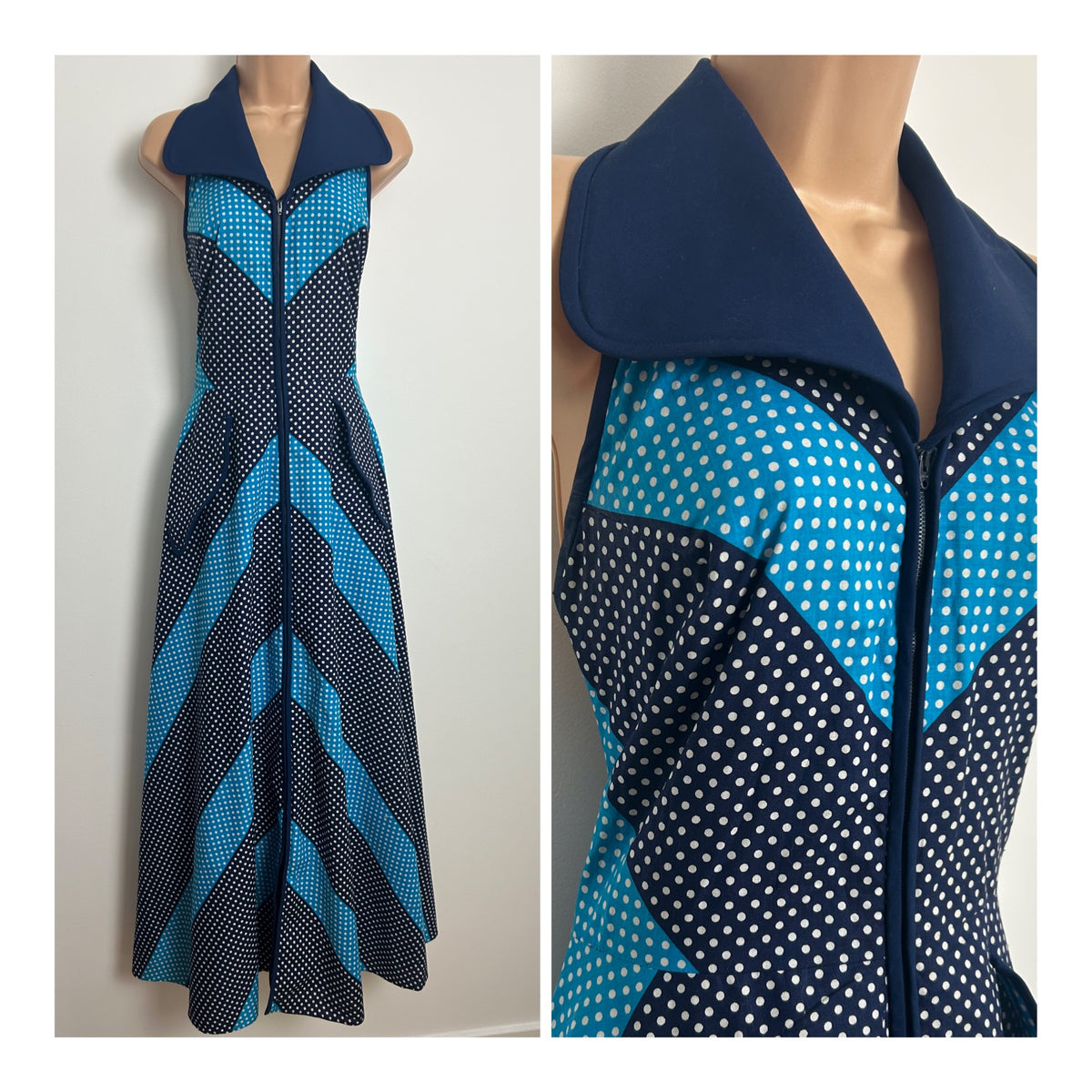 Vintage Early 1970s JEAN ALLEN Size 12 Navy Blue Turquoise & White Polka Dot Halterneck Zip Front Maxi Dress