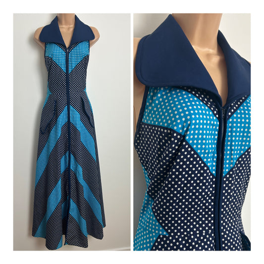 Vintage Early 1970s JEAN ALLEN Size 12 Navy Blue Turquoise & White Polka Dot Halterneck Zip Front Maxi Dress