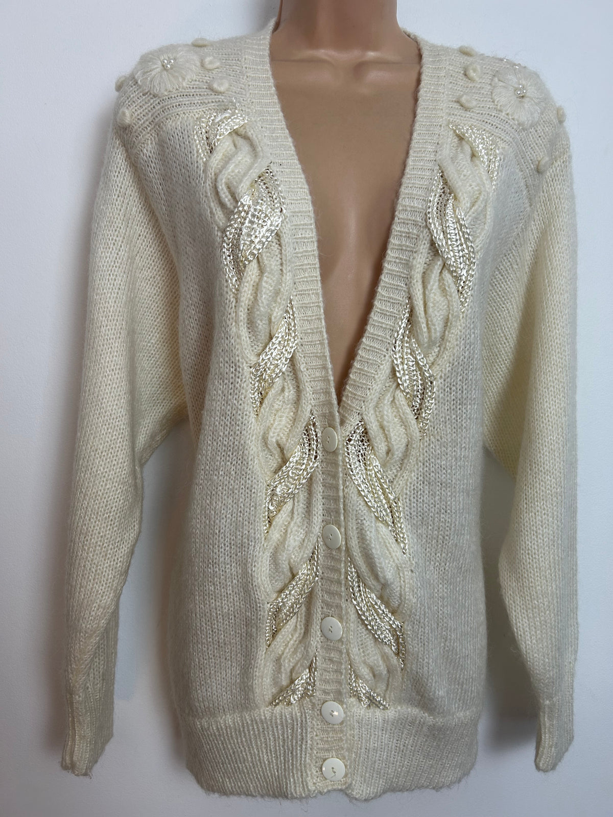 Vintage 1980s Up To Size 16 Super Soft Cream Wool Mix Cable Knit Cardigan
