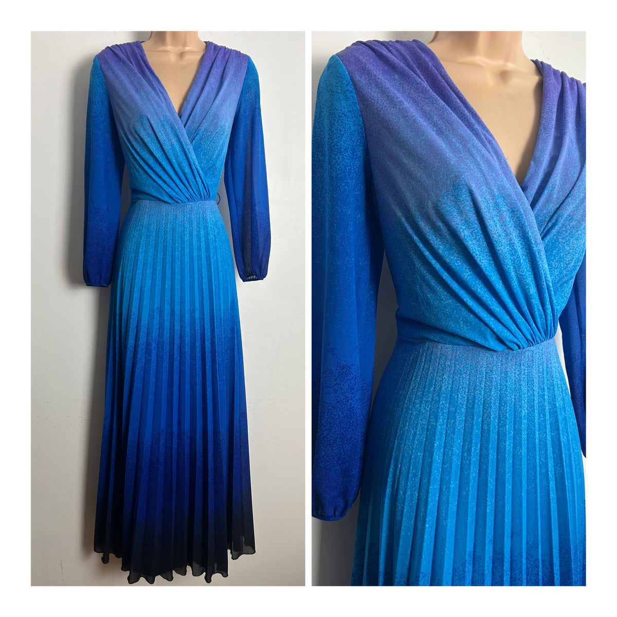 Vintage 1970s Size 10 Blue Tones Ombre Long Sleeve Pleated Maxi Dress