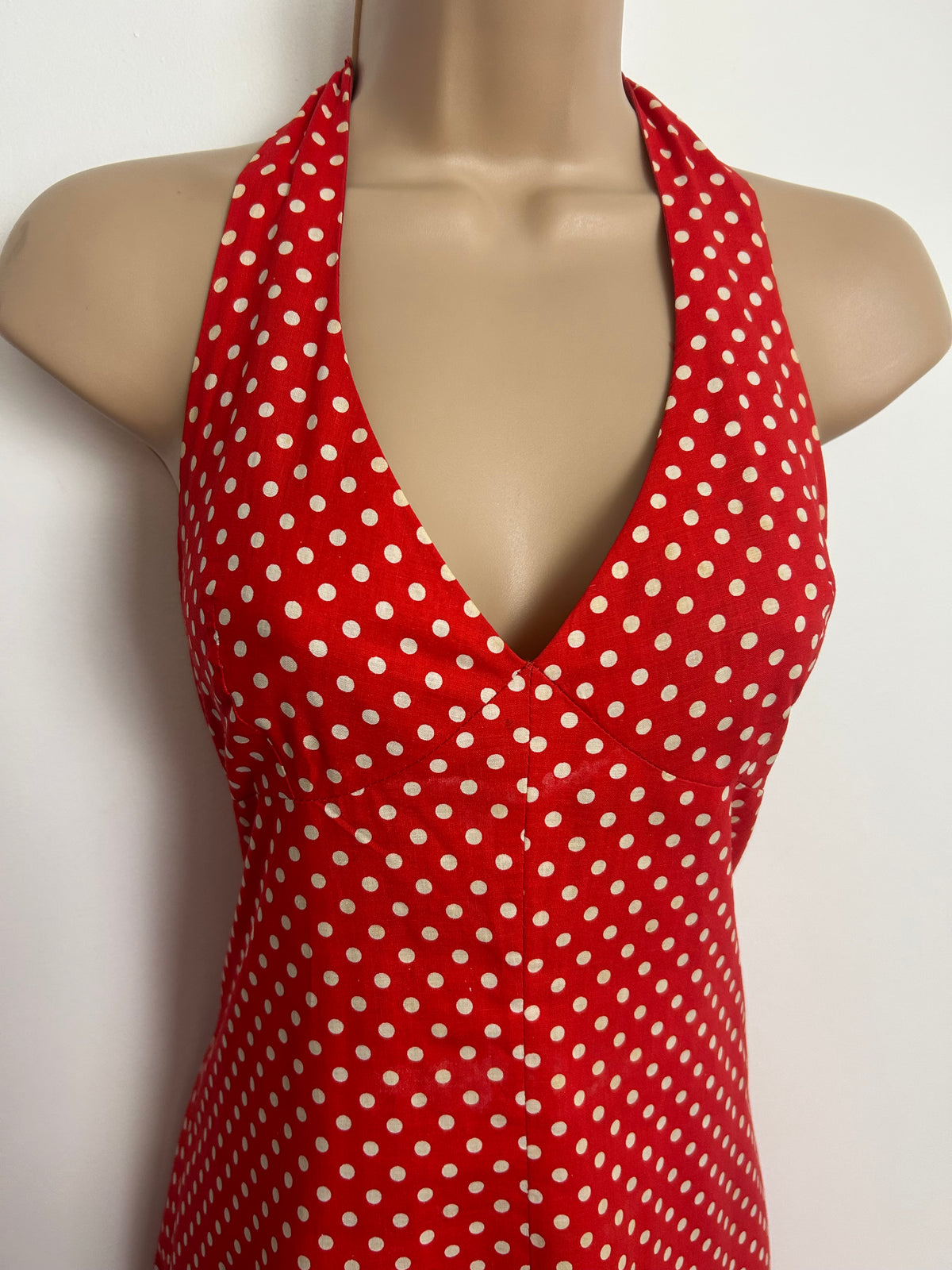 Vintage 1970s MISS SELFRIDGE Size 8-10 Red & White Polka Dot Print Halterneck Short Summer Dress
