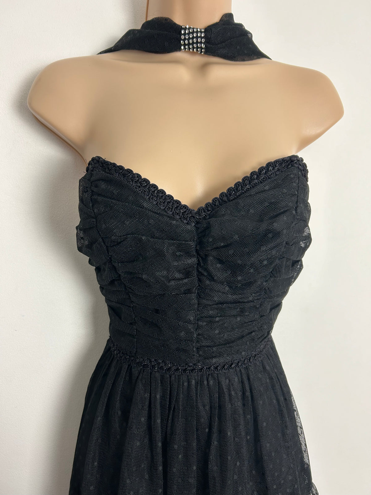 Vintage 1980s AFTER SIX BY RONALD JOYCE UK Size 6-8 Black Polka Dot Net Halter Neck Party Prom Special Occasion Ballgown