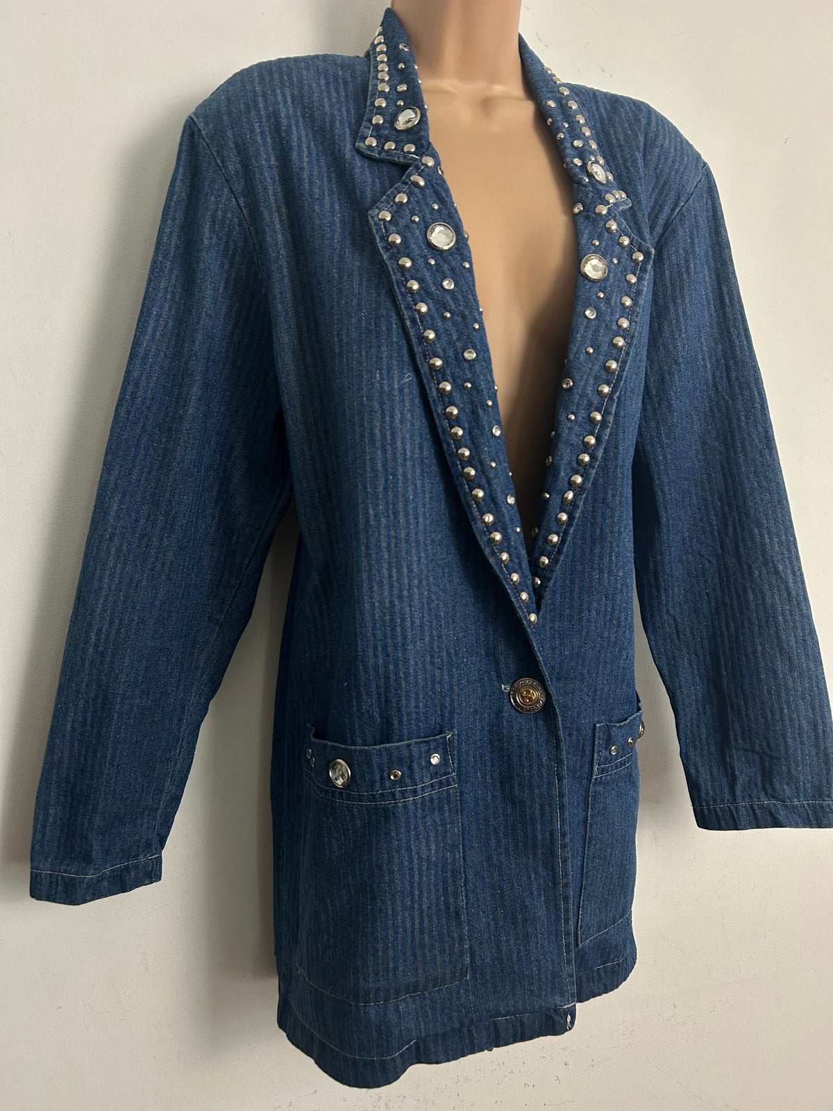 Vintage 1980s PANAMA Size 14 Pinstripe Stud & Jewel Embellished Cotton Blazer Style Denim Jacket