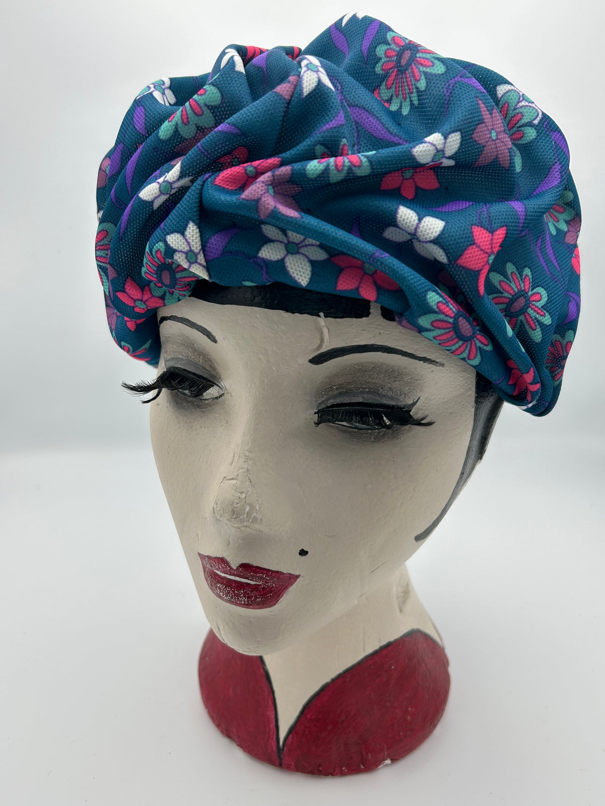 Vintage 1960s Petrol Blue Pink & Purple Floral Print Pleated Turban Style Pill Box Hat