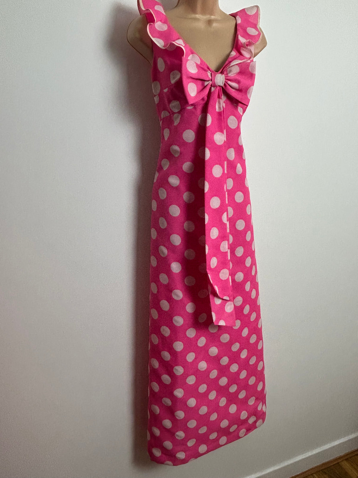 Vintage Early 1970s Size 8 Candy Pink & White Spot Print Ruffle & Bow Detail Sleeveless Maxi Dress