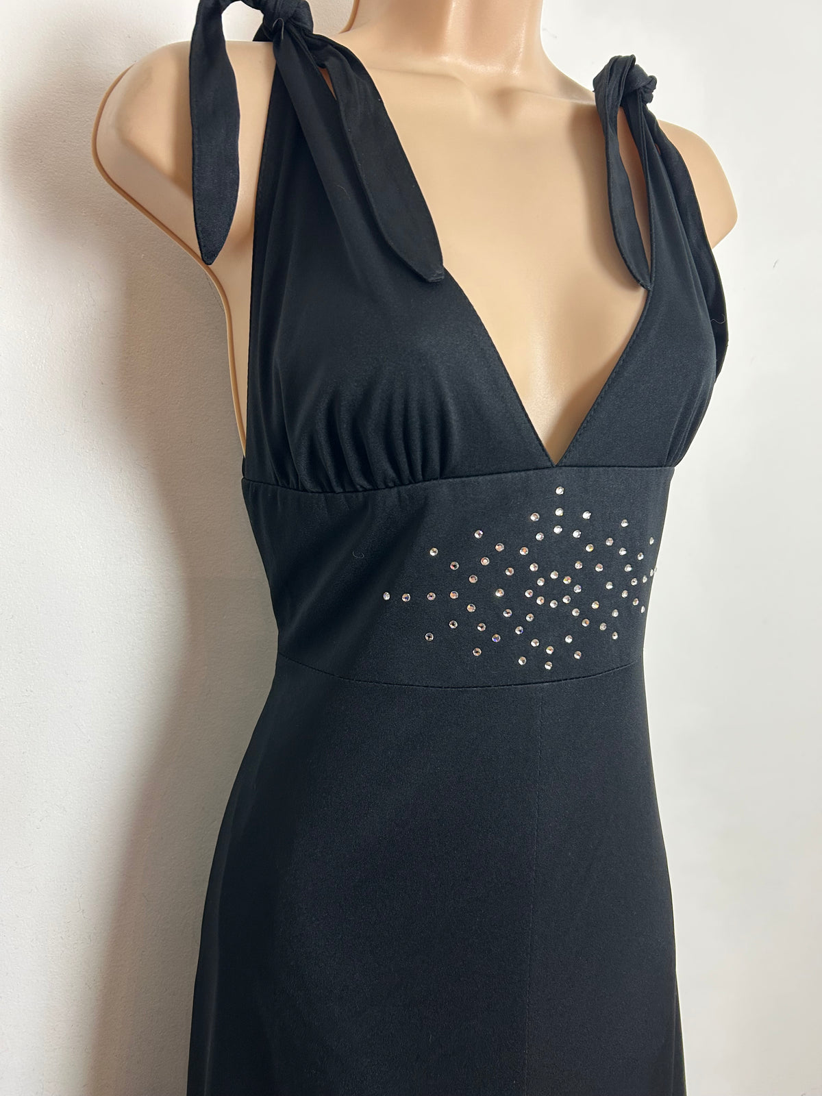Vintage 1970s Size 8 Black Plunge Neck Tie Shouder Diamante Detail Evening Maxi Dress