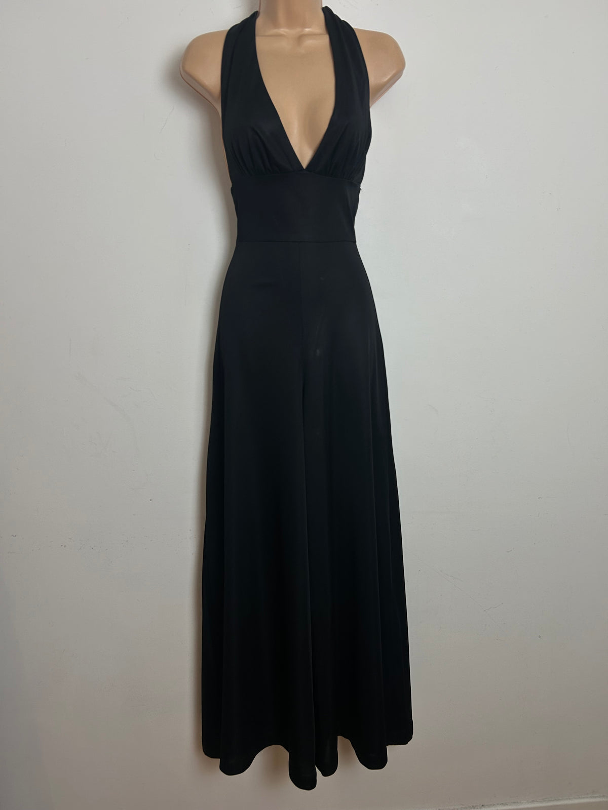Vintage 1970s Size 4-6 Black Halter Neck Open Back Wide Leg Occasion Evening Jumpsuit