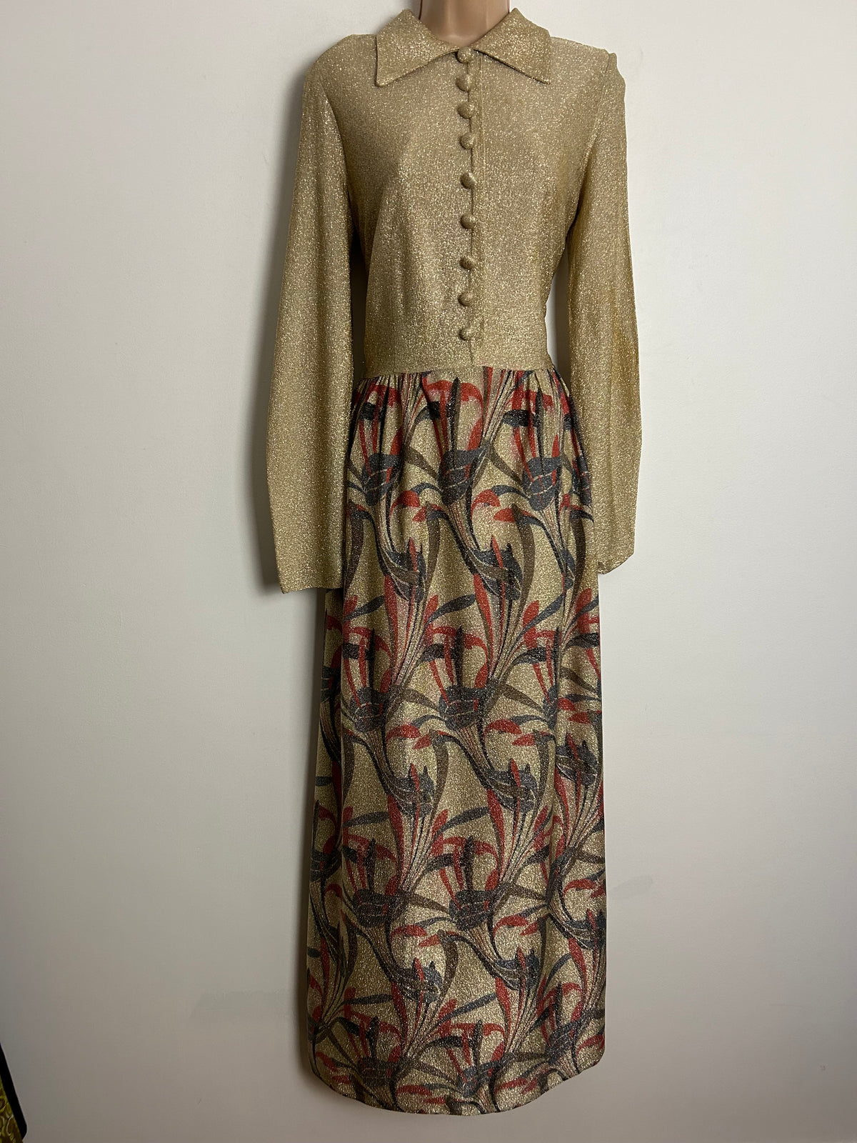 Vintage 1970s MONTIGO BAY UK Size 10 Gold Red & Grey Abstract Leaf Print Long Sleeve Lurex Occasion Maxi Dress